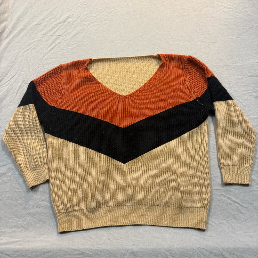 Colorblock V-Neck Sweater - Orange, Black, Tan